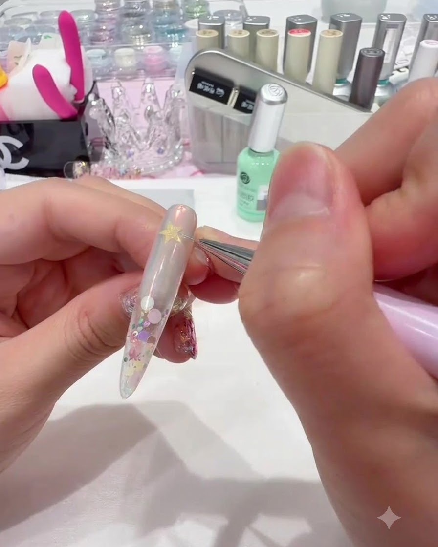 Un pinceau liner fin traçant un contour blanc autour dun autocollant étoile sur un ongle.