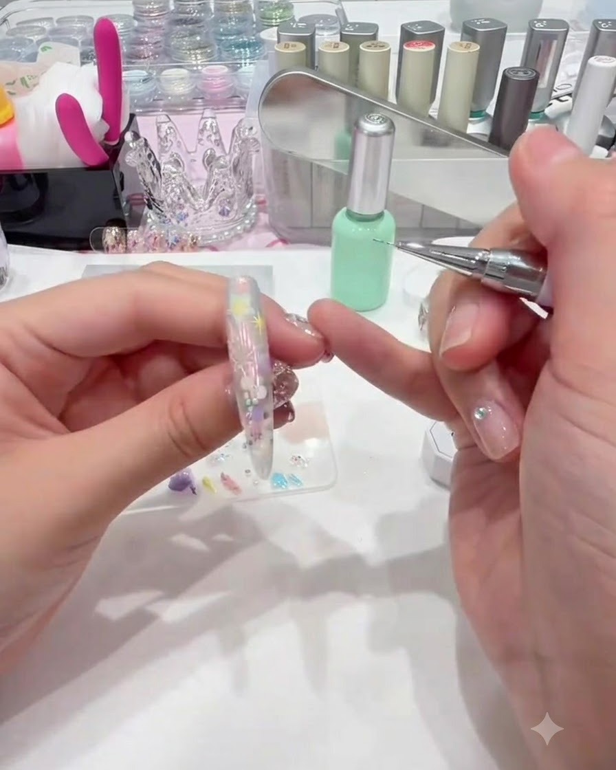 Un outil de dotting ajoutant de petits points daccent entre les éléments de nail art.