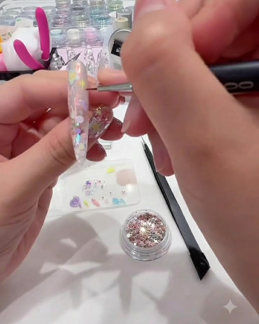 Un outil fin plaquant de petites paillettes en forme détoile dans les zones vacantes dun design dongle.