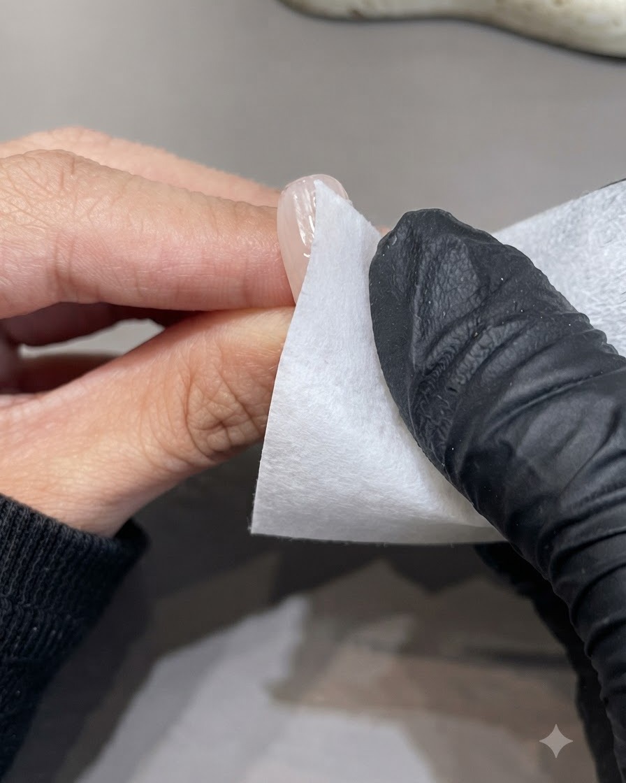 Une main gantée utilisant une lingette blanche non pelucheuse pour nettoyer la surface dun ongle manucuré.