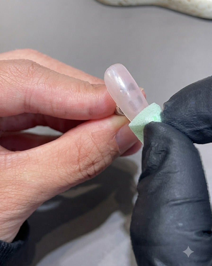Une éponge de maquillage verte texturée tamponnant du pigment sur le bout dun ongle vernis.