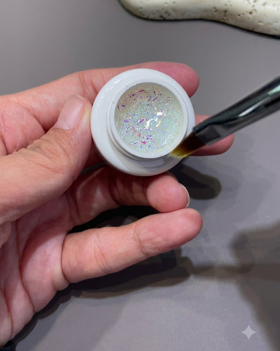 Un petit pinceau plongeant dans un pot de flocons de sequins iridescents et de paillettes holographiques.