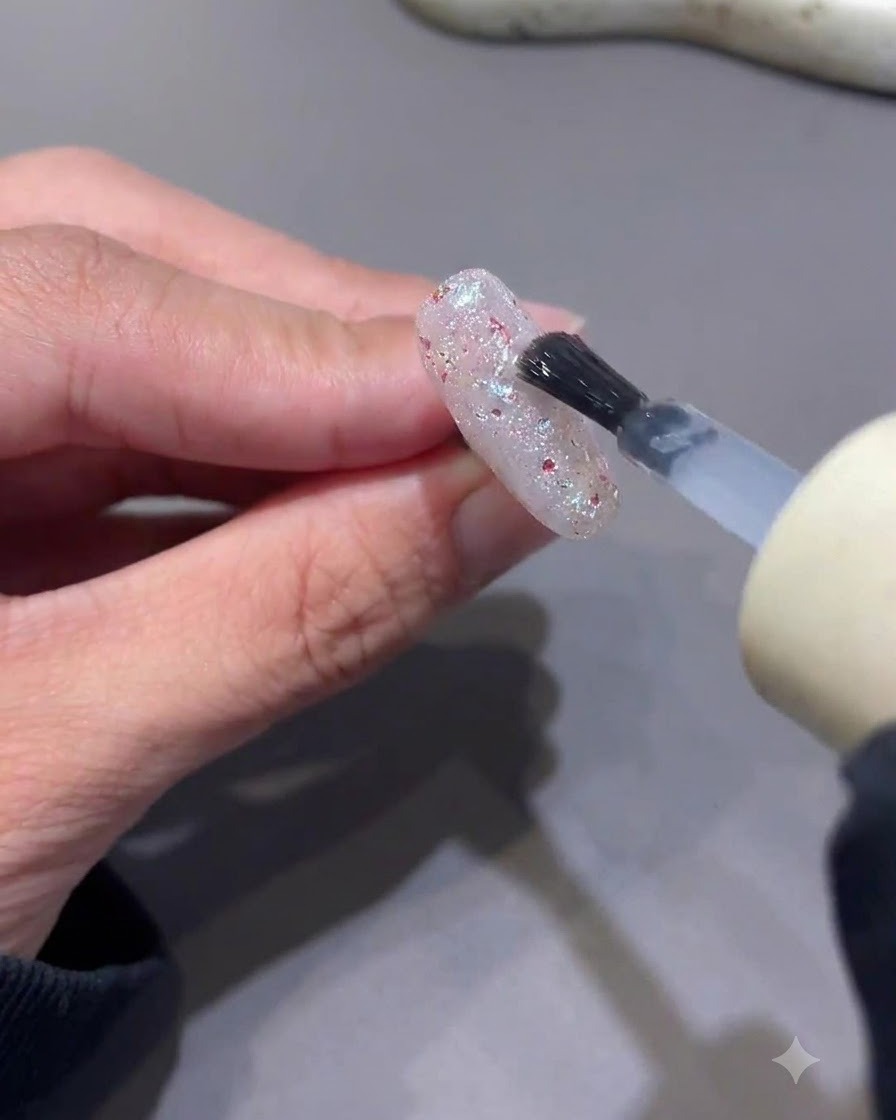 Un petit pinceau appliquant du gel de renforcement transparent sur un ongle incrusté de paillettes et de sequins.