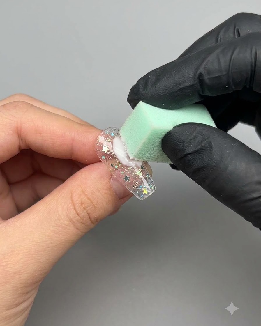 Une éponge verte appliquant du gel blanc en tapotant sur un ongle décoré dun autocollant étoile.
