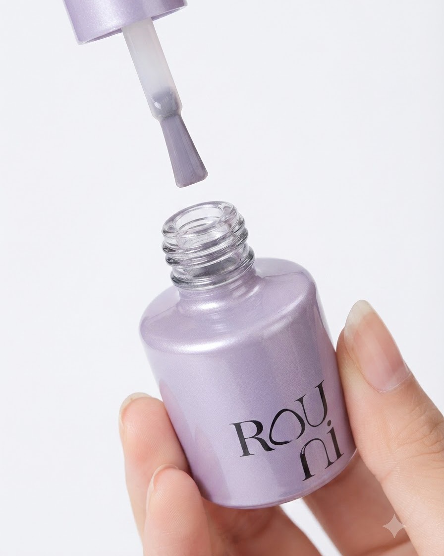 Un pinceau appliquant une couche de gel de base transparent sur un ongle naturel.