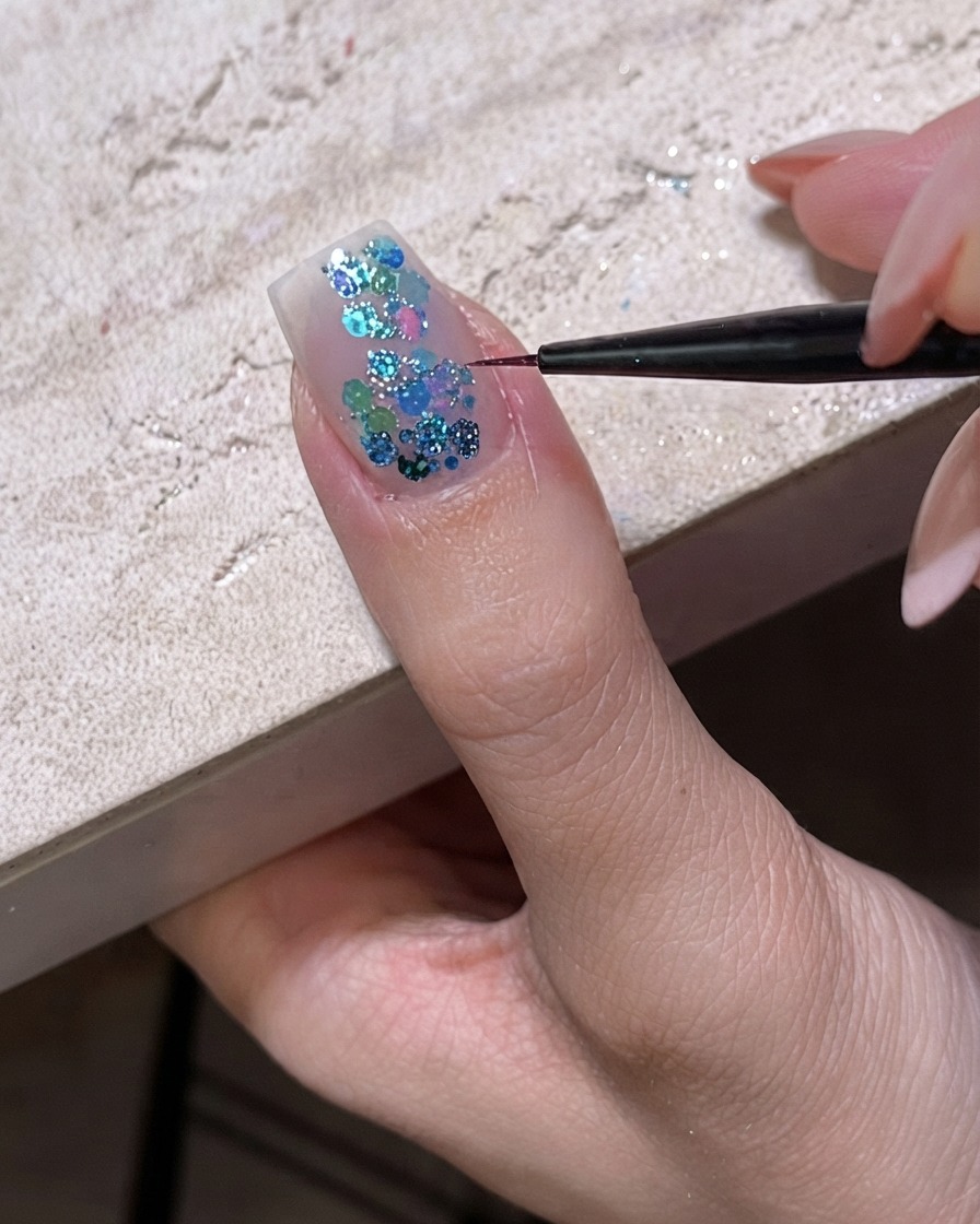 Un pinceau fin plaçant des morceaux de paillettes holographiques bleues sur un ongle recouvert de gel.