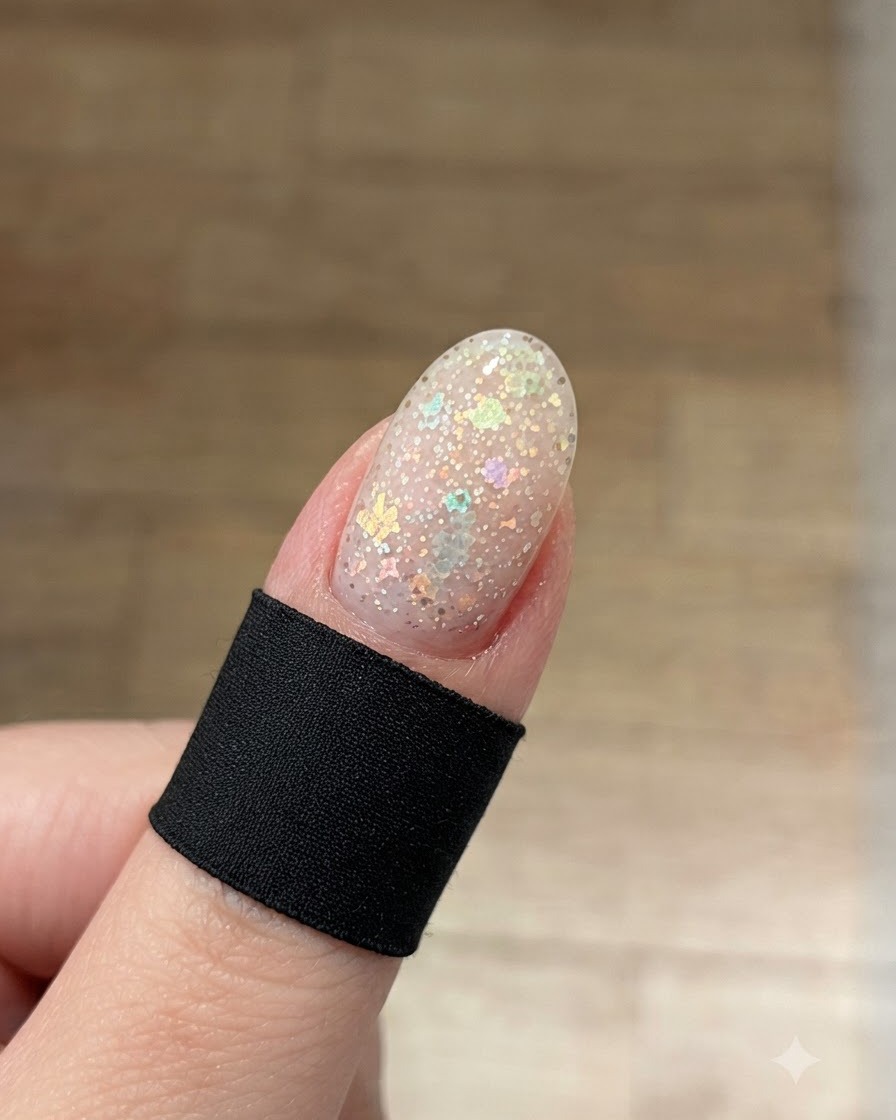 Un carré de cellulose imbibé dalcool nettoyant la surface brillante dun ongle catalysé pour éliminer les résidus.