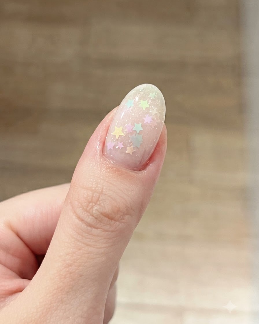 Un pinceau appliquant une couche fine supplémentaire de gel de base transparent par-dessus le motif détoiles incrustées.
