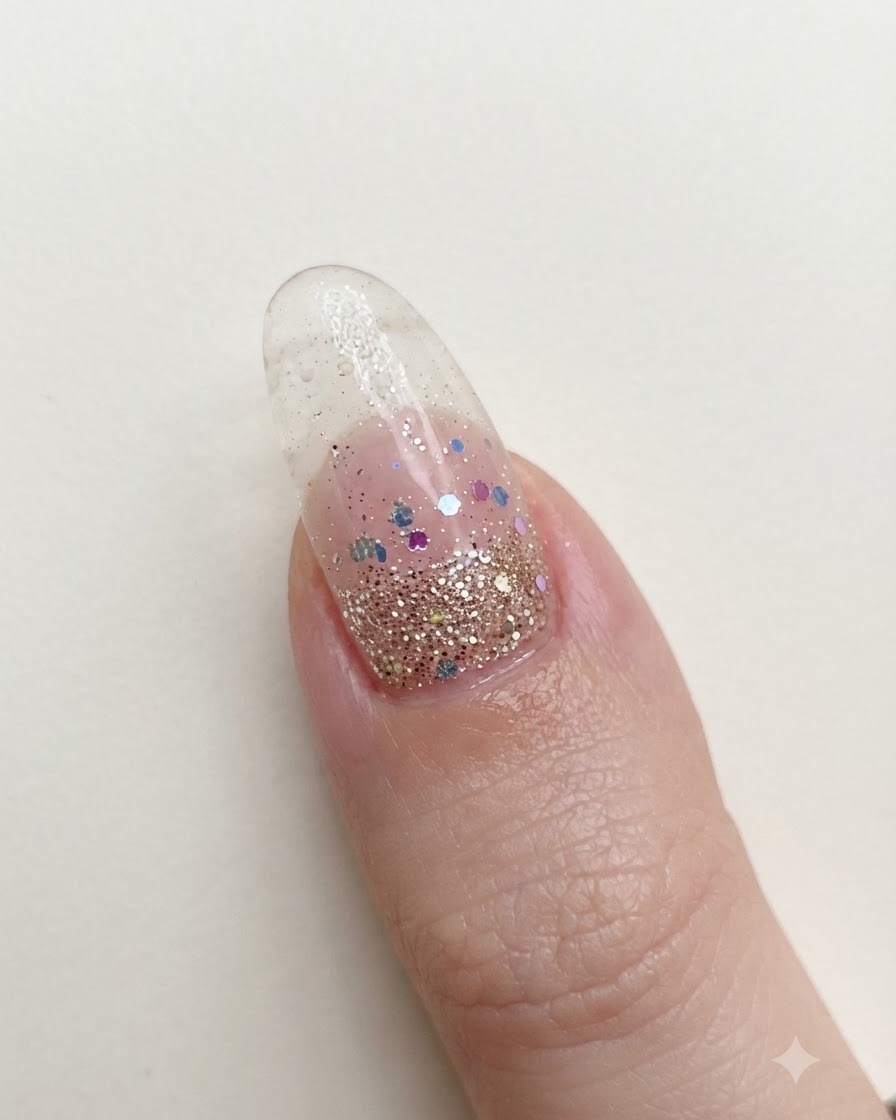 Un pinceau à ongle étalant des paillettes roses fines réfléchissantes sur la partie supérieure dun ongle déjà pailleté.