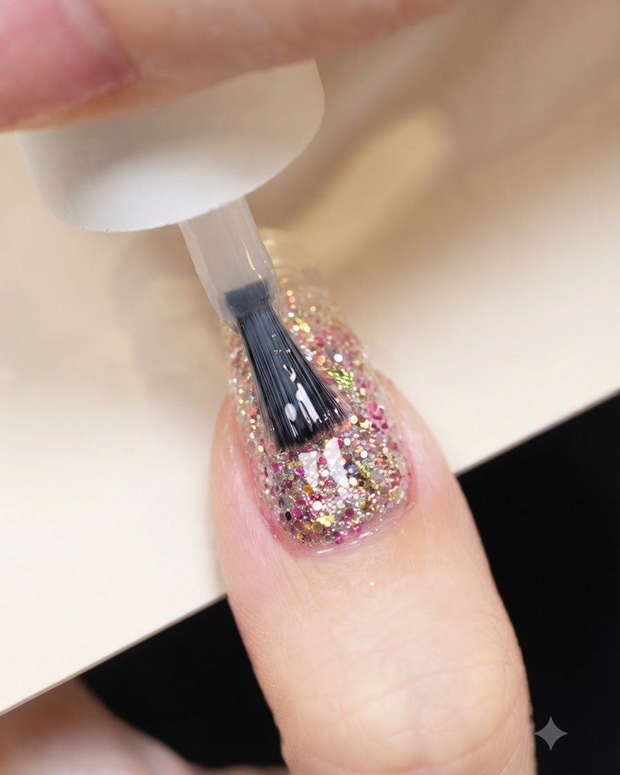 Un pinceau appliquant un gel de construction transparent auto-égalisant sur la surface dun ongle pailleté.