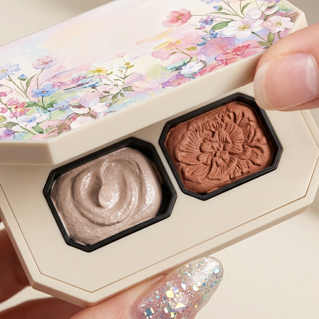 Une main ouvrant une palette à motif floral contenant du vernis gel crème uni aux teintes neutres.