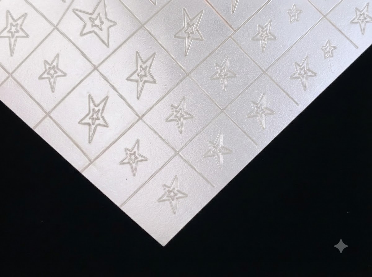 Une feuille dautocollants transparents et argentés en forme détoile creuse sur fond sombre.