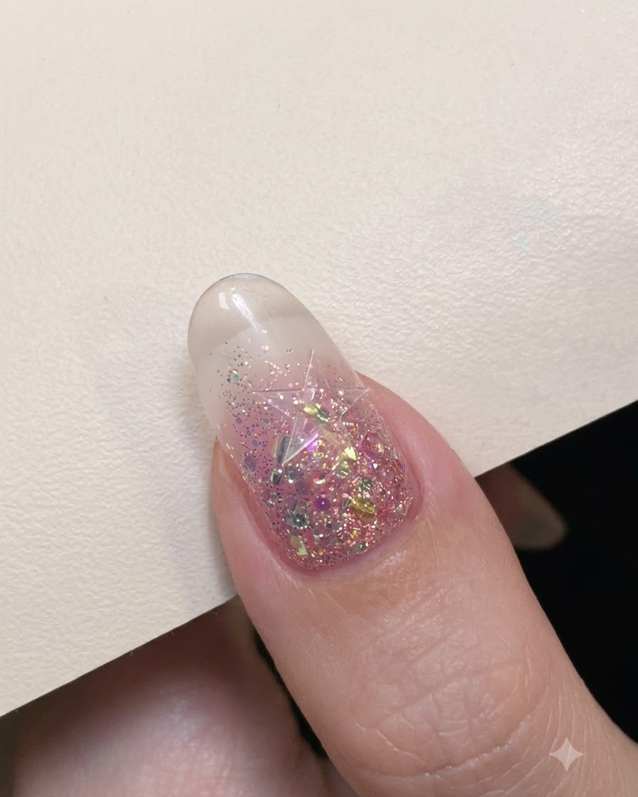Une pince de précision plaçant un autocollant détoile creuse argentée au centre dun ongle encapsulé de paillettes.