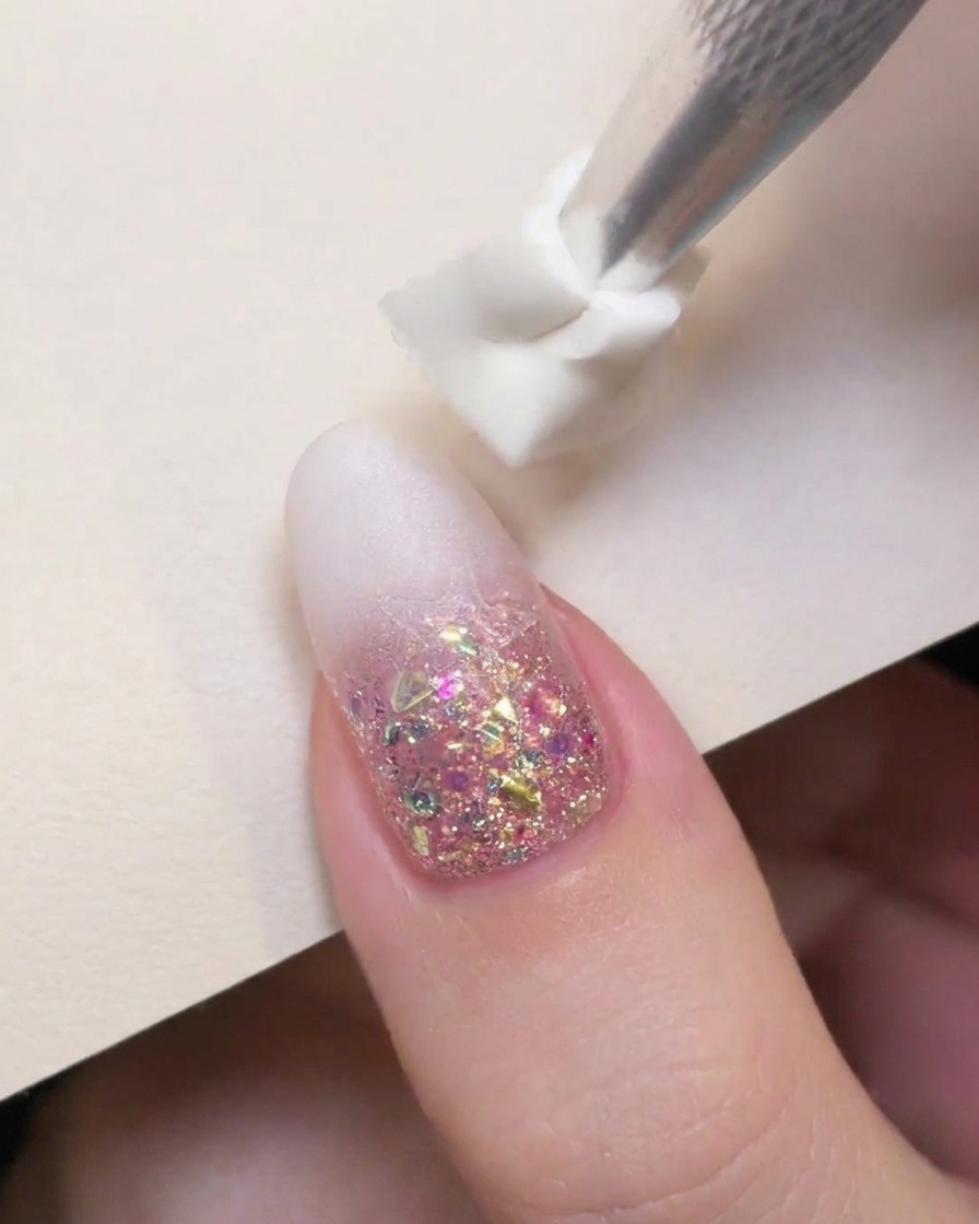 Un outil à embout en mousse tamponnant du vernis gel blanc laiteux sur le bord supérieur dun ongle décoré.