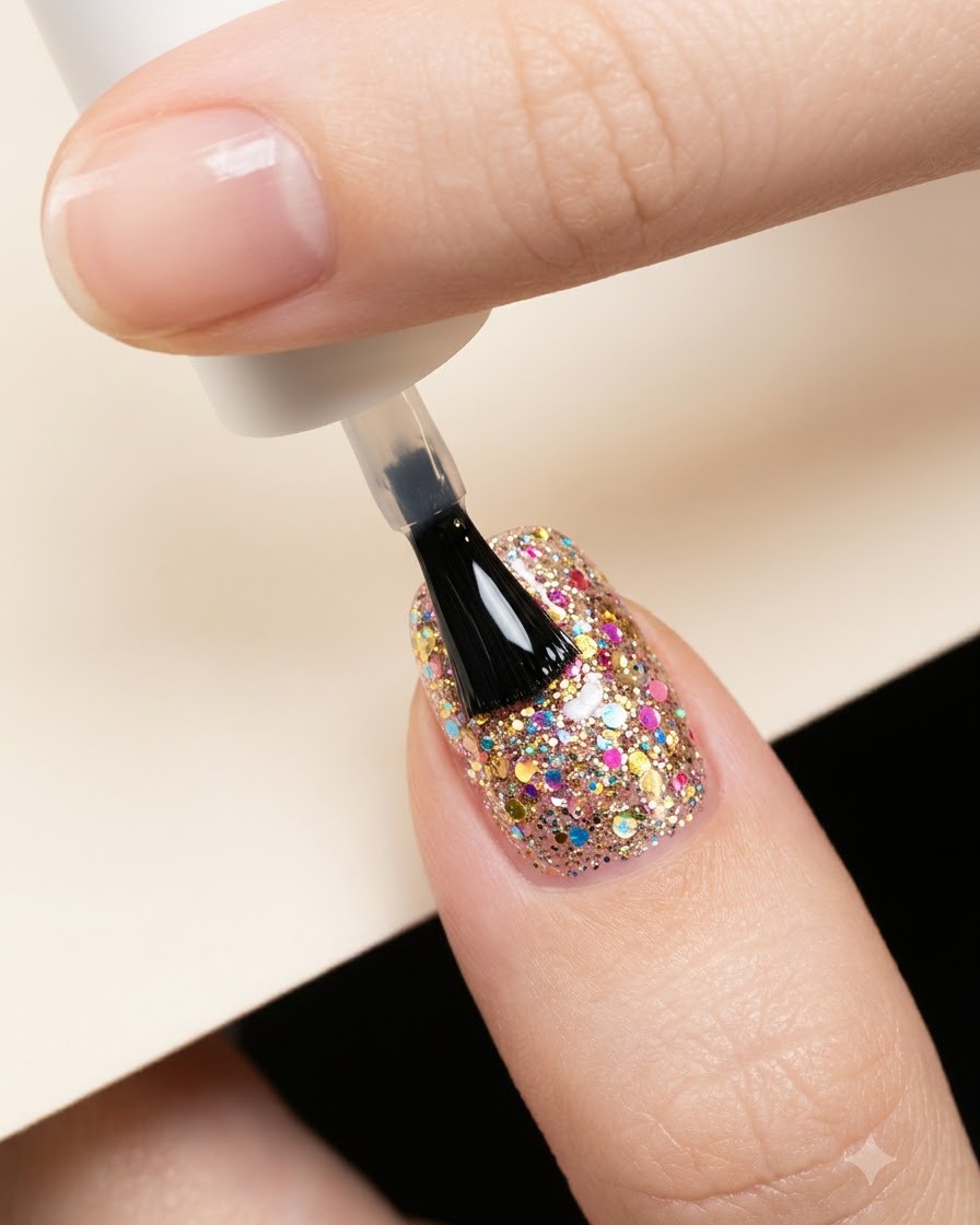 Un pinceau appliquant une couche épaisse de top coat transparent et brillant sur un design dongle étoilé et pailleté.