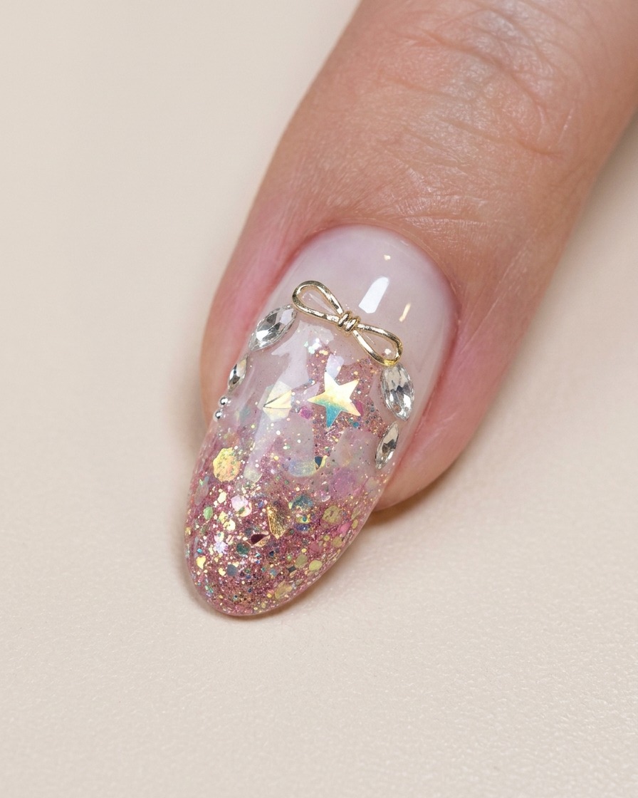 Une pince plaquant un petit nœud argenté orné de strass au niveau des cuticules dun ongle terminé.