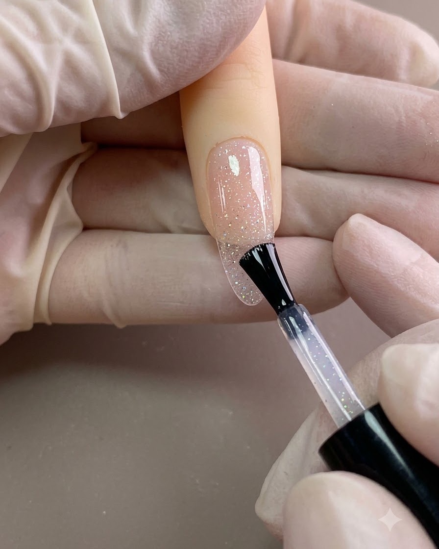 Un pinceau étalant du gel de construction transparent sur une capsule dongle transparente.