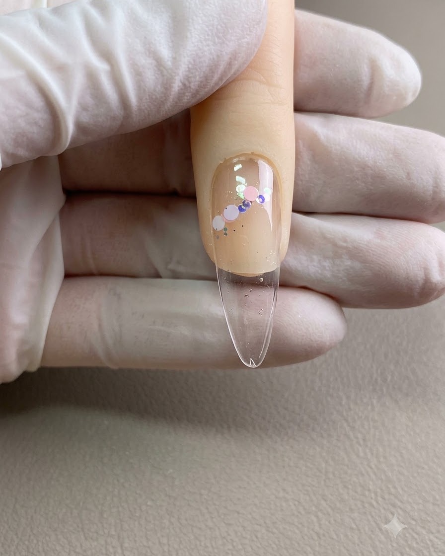 Vue rapprochée de grands sequins irisés disposés sur du gel à ongles humide.
