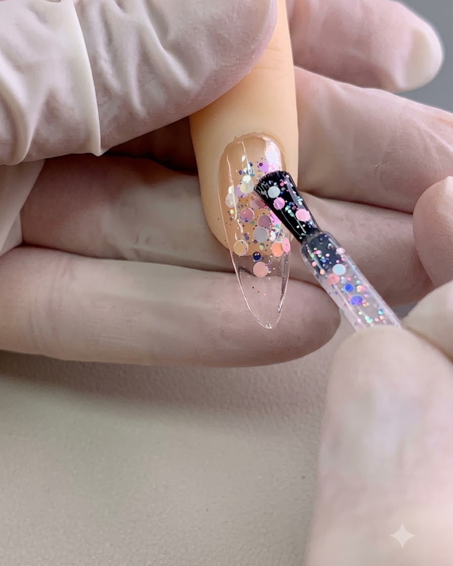 Un pinceau appliquant une couche épaisse de gel transparent sur des sequins incrustés sur un ongle.