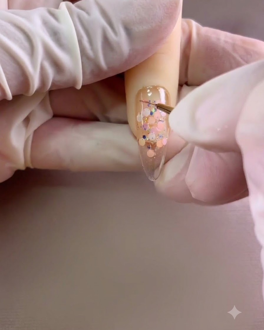 Un pinceau fin pour nail art dessinant des courbes roses sur un ongle.