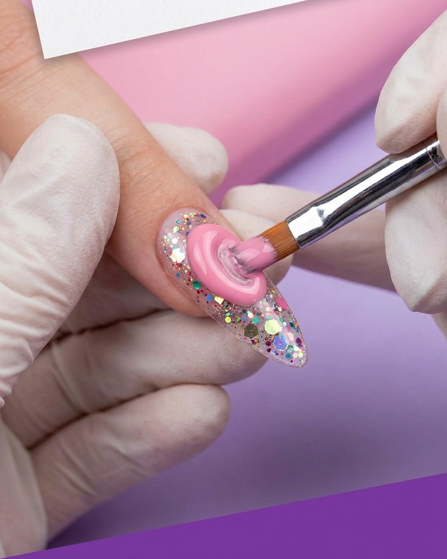 Un pinceau remplissant les contours en gel rose autour du design central sur un ongle.