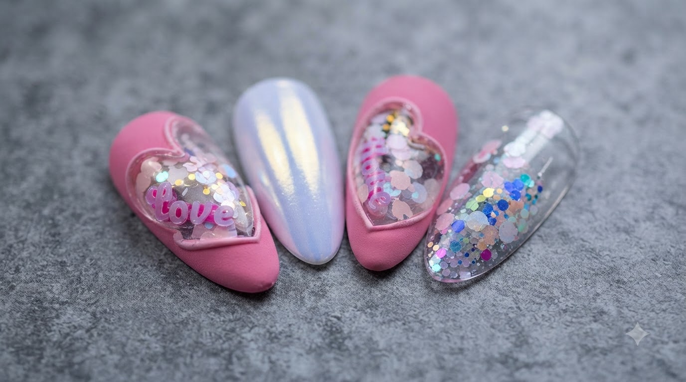 Ongles Cœur Minimalistes en Espace Négatif Rose Mat et Sequins