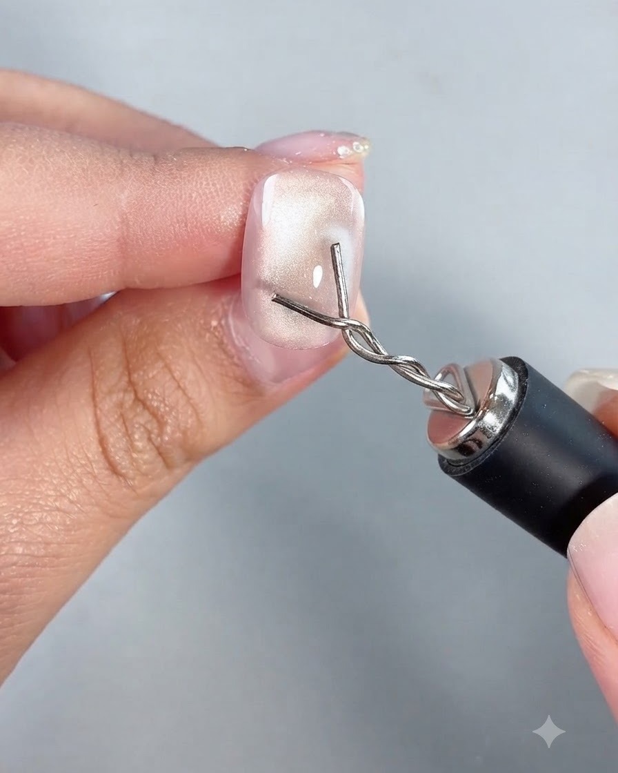 Une épingle magnétique personnalisée planant près du coin inférieur droit dun ongle pour sculpter les particules cat eye.