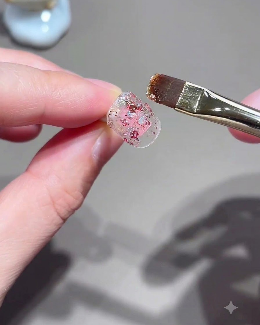 Un pinceau à ongles plat appliquant du gel pailleté rose sur une capsule dongle.