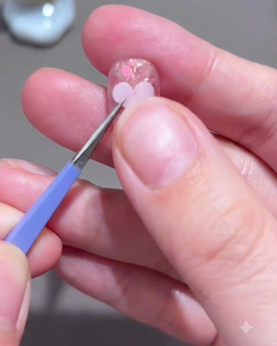 Des pinces plaçant un autocollant cœur rose clair au centre dun ongle.