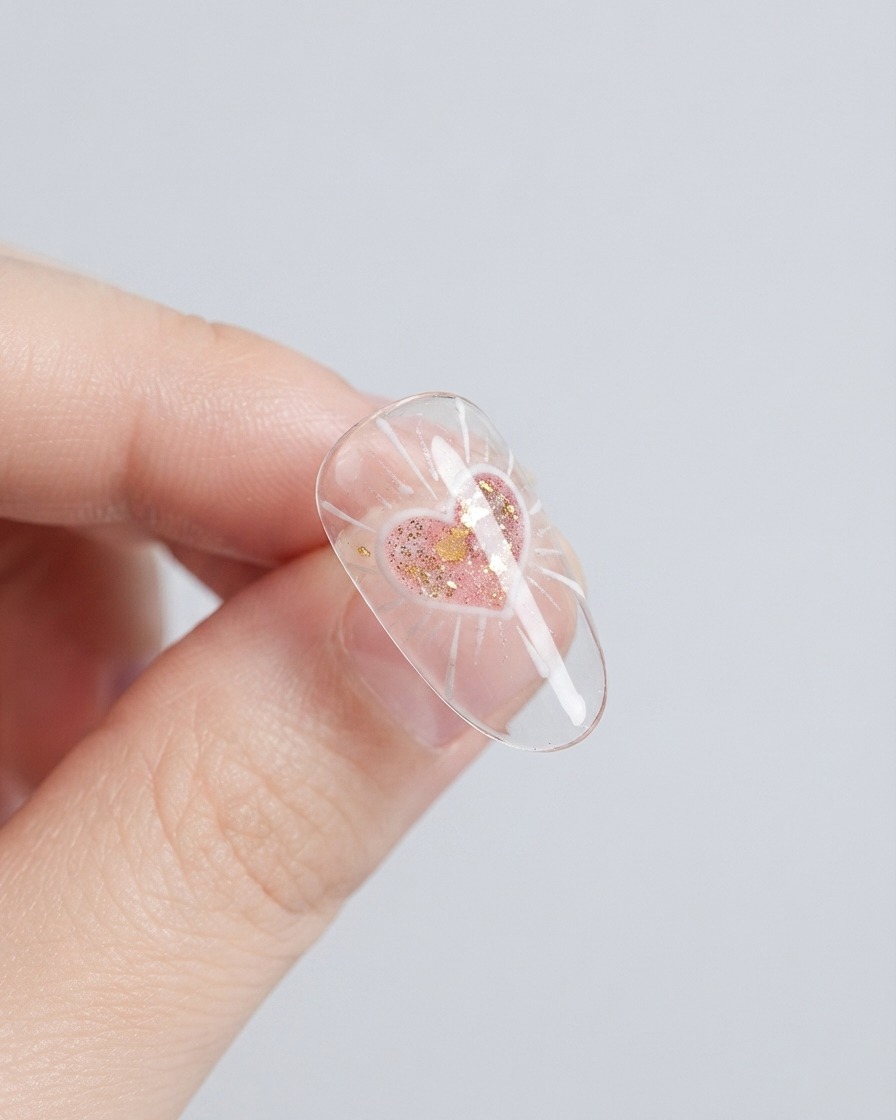 Un ongle fini présentant une forme de cœur 3D proéminente et brillante sur le motif donde de lumière.