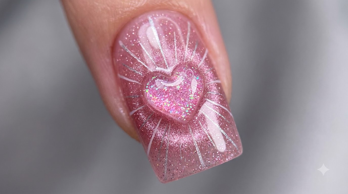 Gros plan sur deux faux-ongles terminés présentant le look dongles cœur ondes de lumière roses avec un cœur 3D central lumineux.
