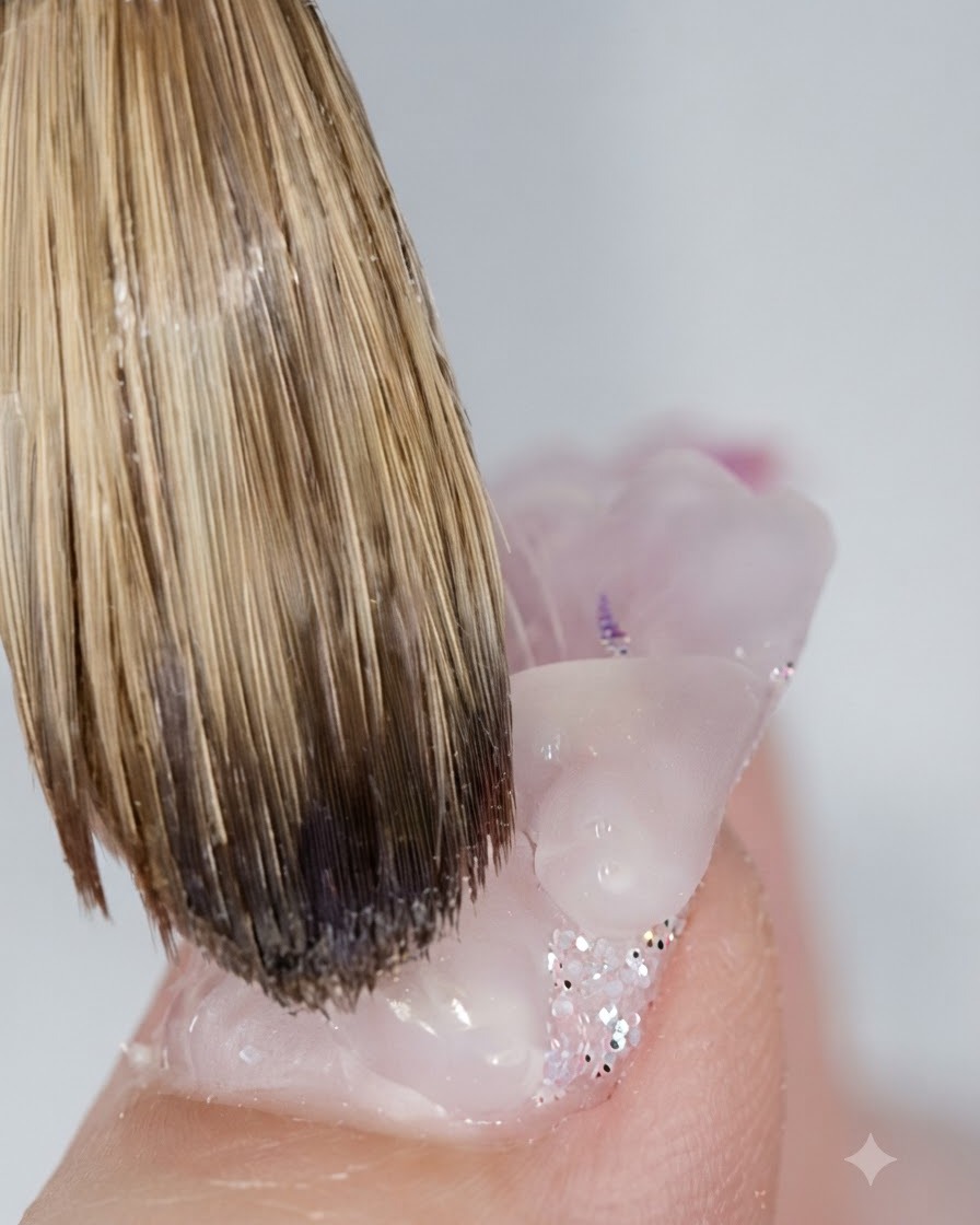 Gros plan dun pinceau sculptant une deuxième perle dacrylique en forme de cœur à côté de la première.