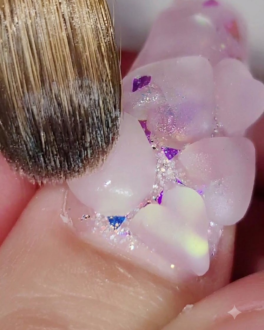 Un pinceau professionnel sculptant une forme de cœur en acrylique rose sur la surface dun ongle décoré.
