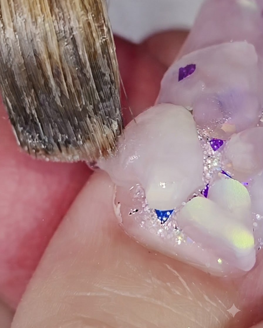 Un pinceau à ongles détaillant et affûtant les bords dun cœur en acrylique 3D sur un ongle.