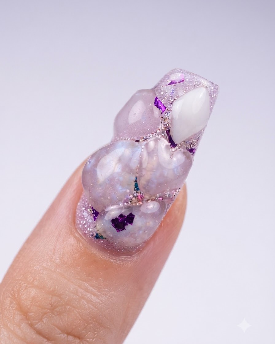 Vue de dessus dun ongle présentant plusieurs cœurs en acrylique rose sculptés et des flocons iridescents incrustés.