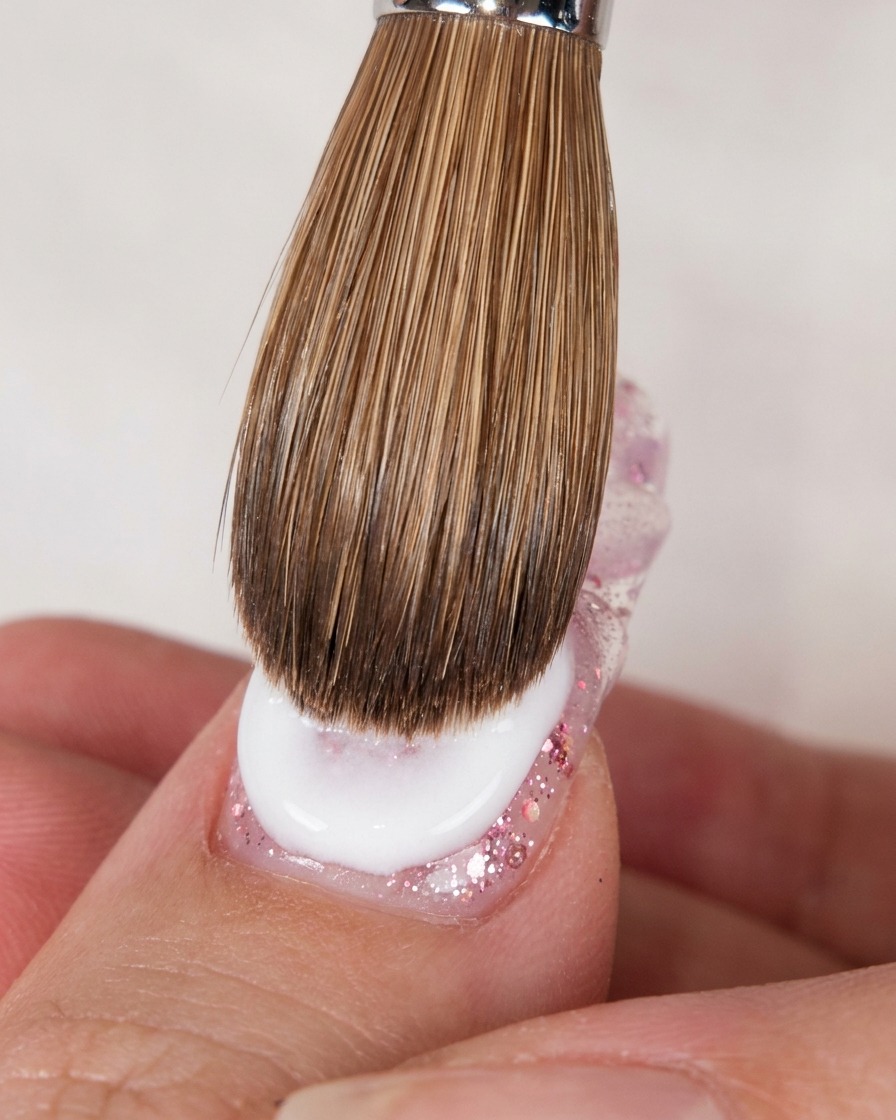 Un gros pinceau à acrylique appliquant une perle humide dacrylique blanc sur un ongle transparent incrusté de paillettes roses.