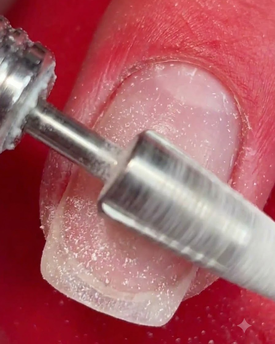 Une ponceuse électrique avec un embout en carbure façonnant la surface en acrylique dun ongle.