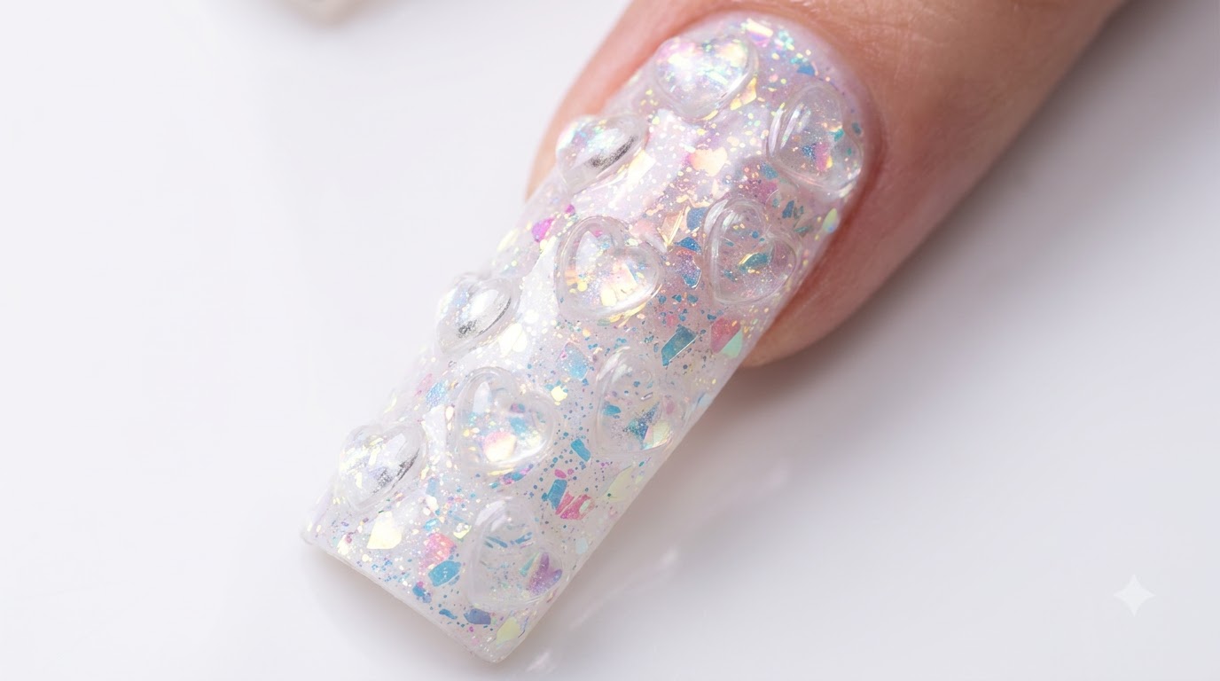 Nail Art Acrylique Cœur en Cristal 3D — Tutoriel Étape par Étape