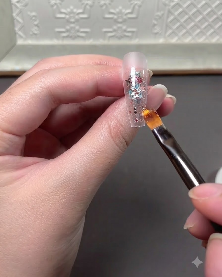 Pinceau appliquant un gel de finition de renforcement transparent sur la couche de paillettes incrustées.