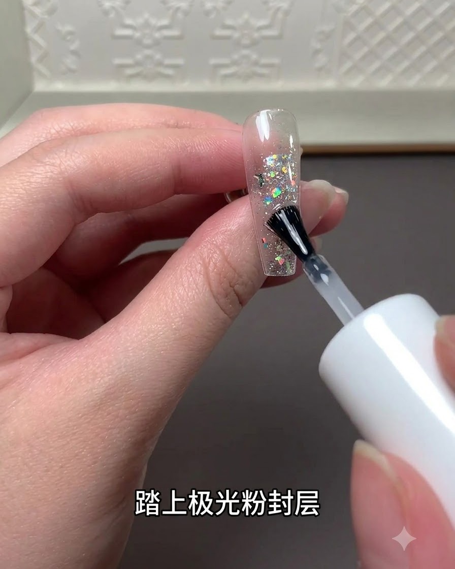Application dun top coat effet poudre laser sur le motif pailleté de lextension dongle.