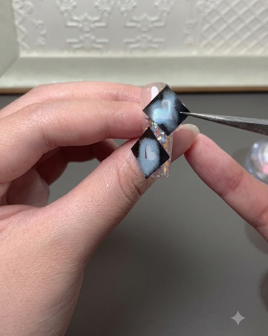 Pinceau fin remplissant lintérieur dun cœur avec du gel bleu clair sur longle.