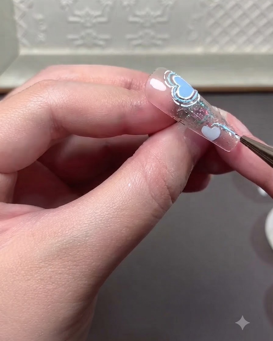 Gros plan sur une capsule montrant des lignes raffinées et de petits détails de cœurs dessinés au gel relief.