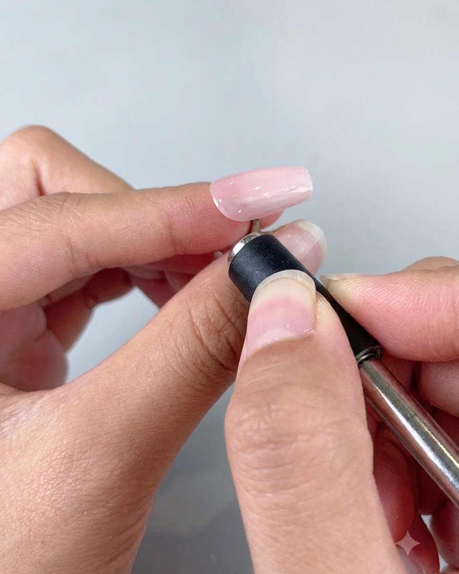 Une main utilisant un petit aimant cylindrique au-dessus de longle pour manipuler les particules du gel cat eye.