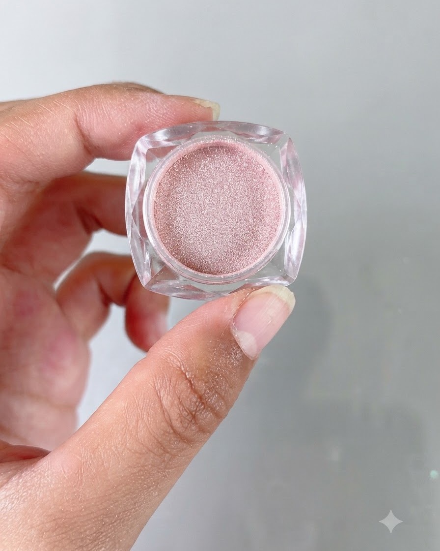 Gros plan dun petit pot contenant de la poudre miroir effet chrome couleur pêche clair tenu dans la main.