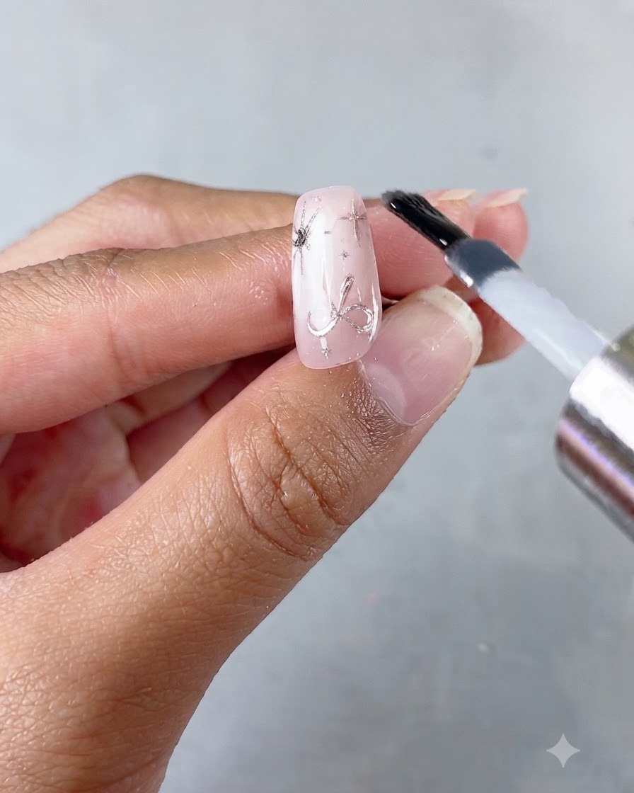 Un pinceau à ongle appliquant une dernière couche de top coat brillant sur le premier design dongle terminé.