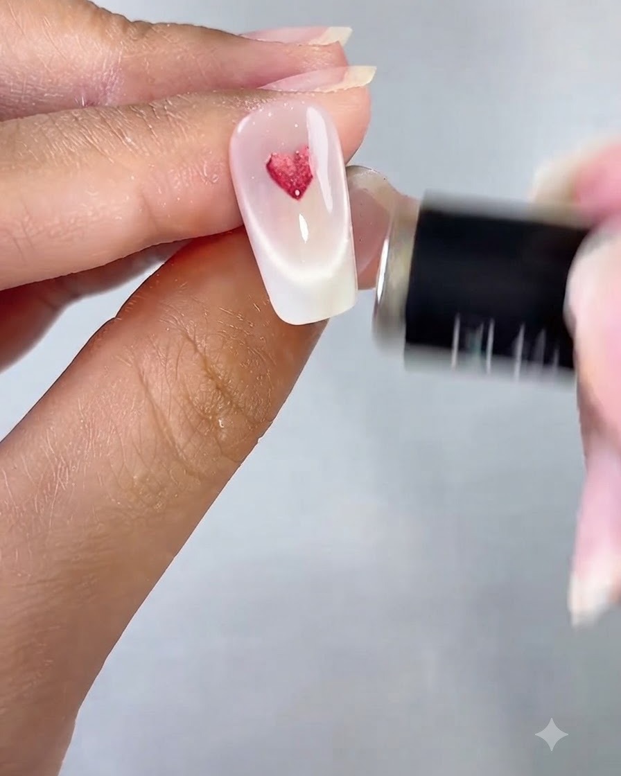 Un aimant tenu près dun ongle décoré présentant un design de cœur cat eye rouge brillant.