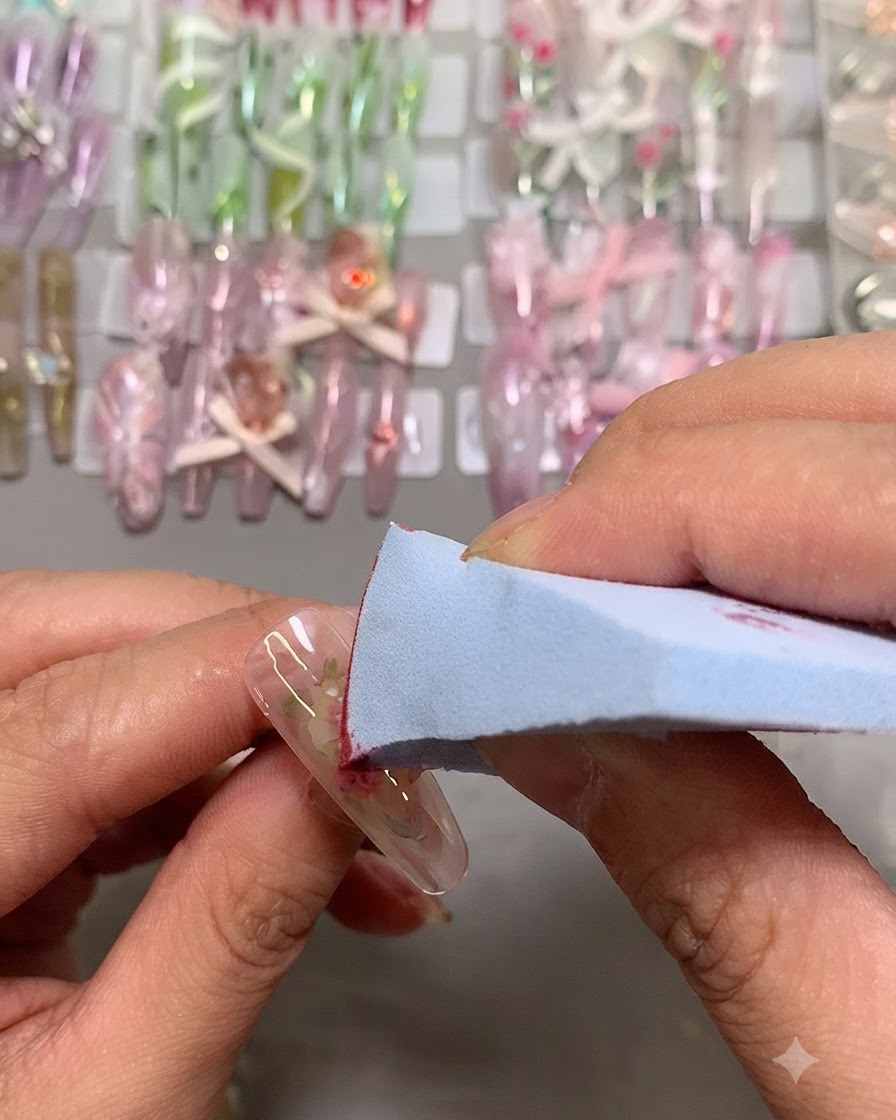 Une petite éponge de maquillage tamponnant du gel rose au centre dun ongle pour former un effet blush.