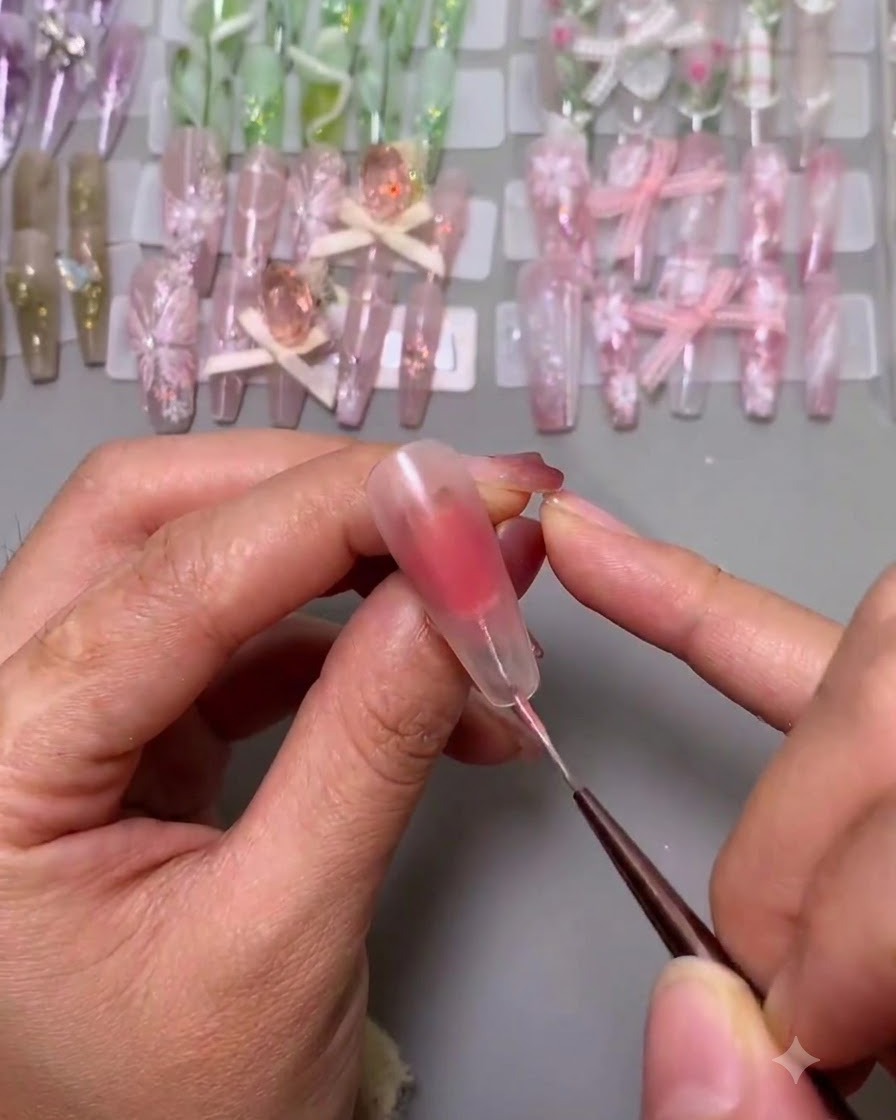 Un pinceau liner fin plaçant des points de repère blancs sur un ongle pour planifier la French manucure.