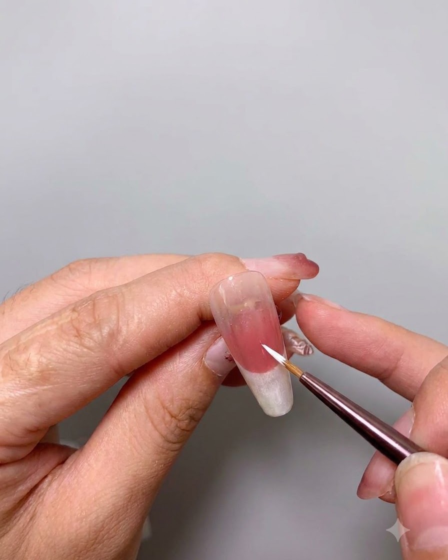 Un pinceau fin appliquant une deuxième couche de vernis blanc sur le bout de longle.