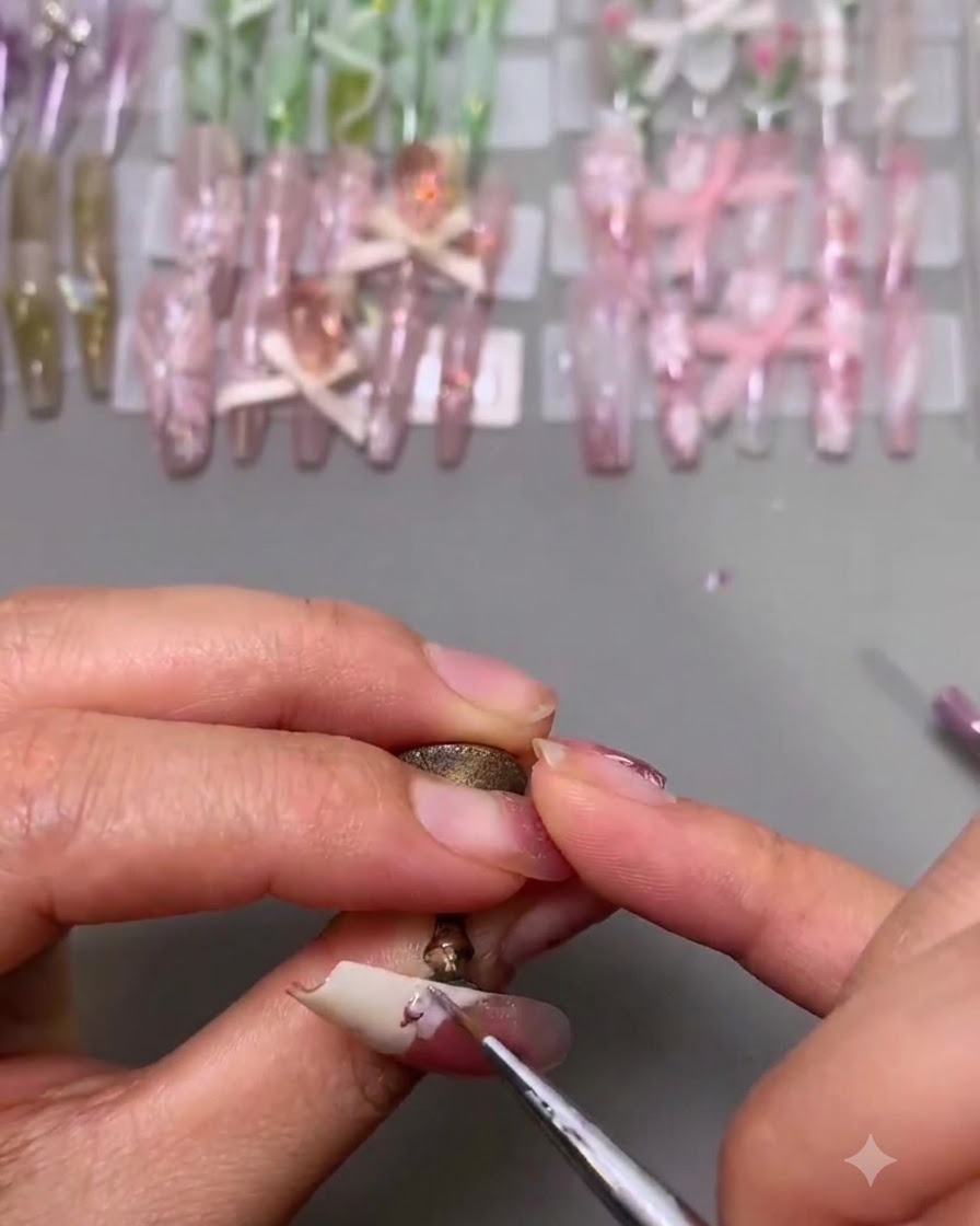 Un outil de détail fin appliquant de petits pétales roses sur le bout blanc dun ongle.